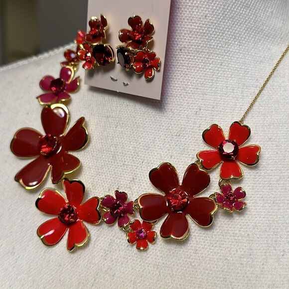 KATE SPADE NECKLACE & EARRINGS POINSETTIA FLOWERS DAISIES POPPIES REVERSIBLE NWT - Picture 7 of 16